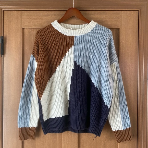 Wishlist Colorblock Crew Neck Sweater - Brown, Blue, Cream - Picture 1 of 11
